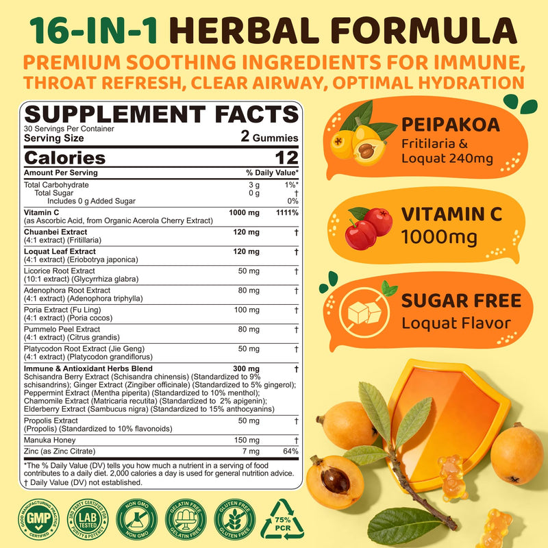 Vitamin C 1000mg -Cough Drops+Throat Relief Gummies w/Manuka Honey+Propolis | Daily Immune Liposomal Vitamin C Chewable Gummies w/Elderberry, Zinc,Loquat,Fritillaria for Throat Comfort & Dry Mouth, 2Pcs