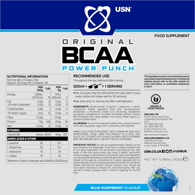 USN Power Punch BCAA Amino Acids Powder, Blue Raspberry Flavour - 400g, Vegan BCAA Powder, Vitamin B6 & No Sugar, Pre Workout & Intra Workout Energy Drink & Dietary Supplement to Maximise Performance 36 Servings (400 g, Pack of 1)