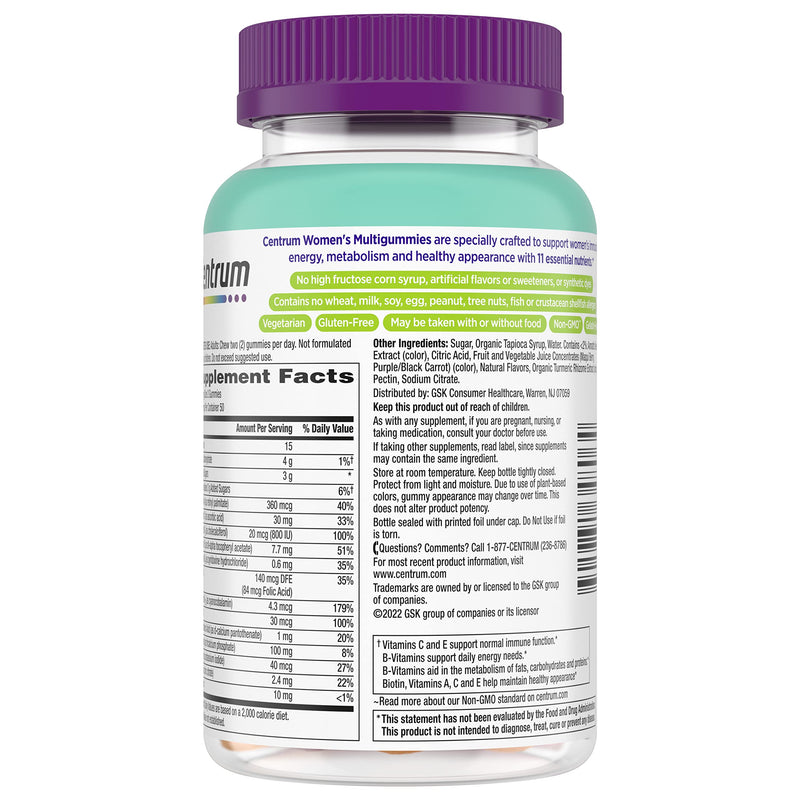 Centrum MultiGummies for Women 18 and Over, 100 Count | Contains Vitamin D3, B Vitamins and Antioxidant Vitamins C and E, Gluten Free, Non-GMO Ingredients, GLP-1 Support Fruit 100 Count (Pack of 1)