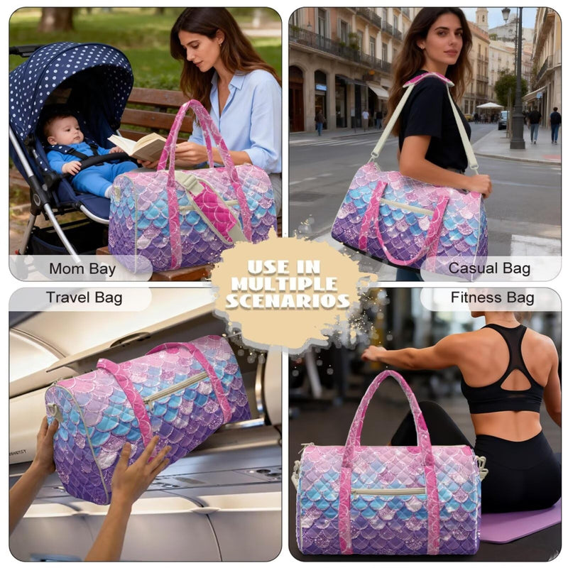 Mermaid Scale Print Large Travel Duffel Tote Bag for Women, Stylish Quilted Weekender Bag, Lightweight Carry On Luggage for Overnight and Travel Pink - Mermaid Scale