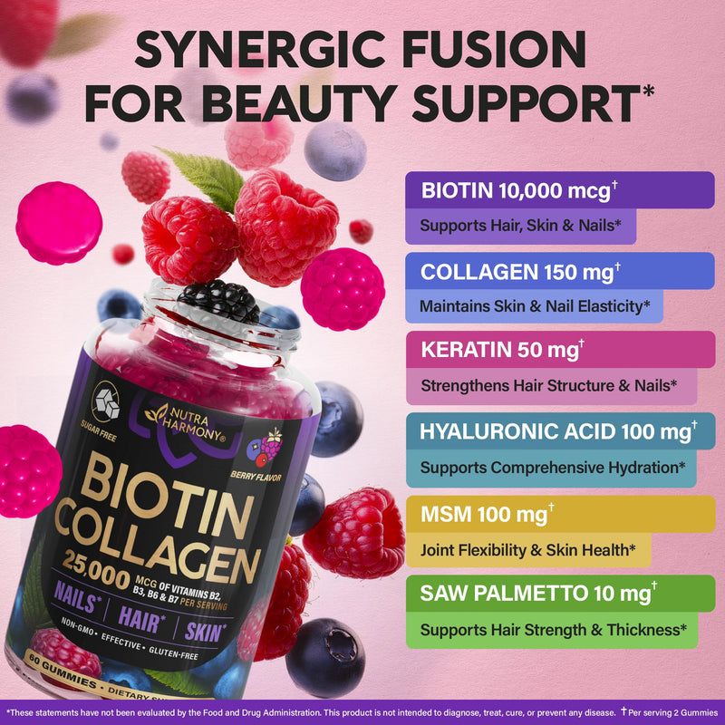 Biotin Gummies for Hair Growth Support - for Women & Men - Berry, 60 Gummy | Biotin 10000mcg, Collagen, Keratin, Hyaluronic Acid, B-Complex, Saw Palmetto - Hair, Skin & Nail Strengt Support - Sugar-Free Mixed berry 60 Count (Pack of 1)