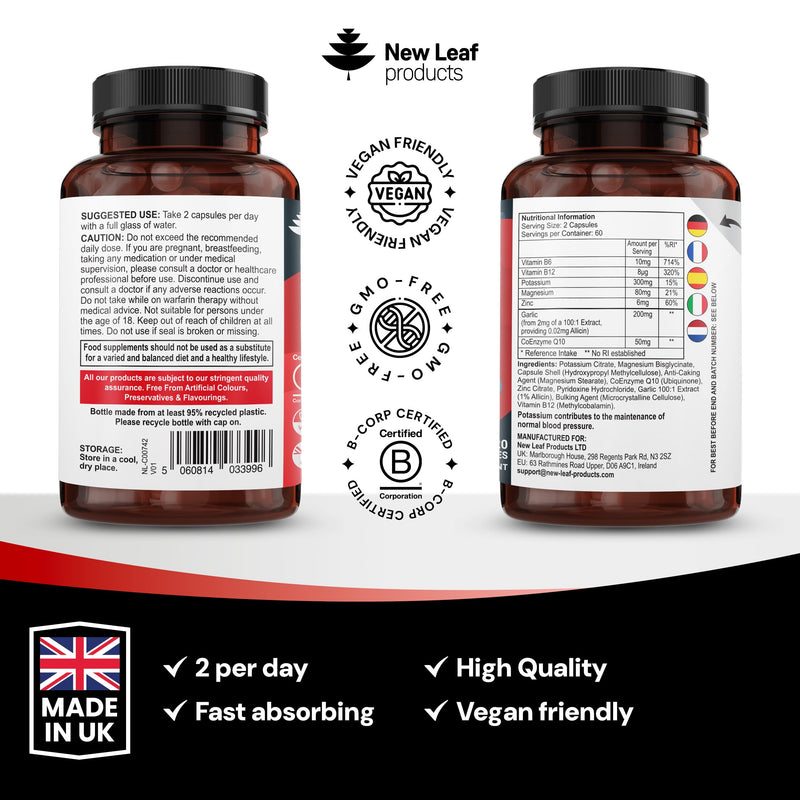Blood Pressure 7-in-1 Supplement - 120 Vegan Capsules, 2 Months Supply - Heart Health Potassium and Magnesium Supplement with COQ10 and Garlic Extract - Made in the UK by New Leaf