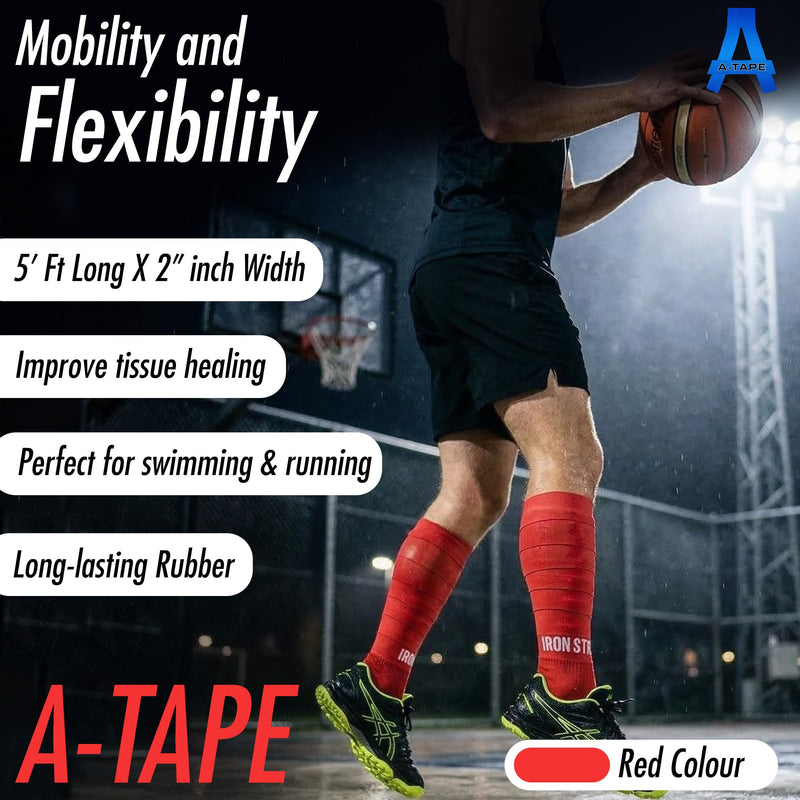 A-TAPE Muscle Floss Bands (5’ Ft Long X 2” inch Width)- Compression Bands - for Improving Movement, Increasing Circulation & Reducing Soreness (Red (Heavy) + Black (Medium))