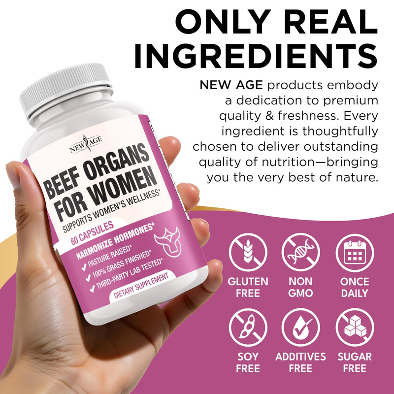 [Australia] - NEW AGE Beef Organ Supplement for Women - Beef Liver, Kidney, Heart and Uterus Tissue, Supports Women's Overall Energy and Health - Pasture Raised, Grass Fed - No Fillers - 120 Capsules 60 Count (Pack of 2) 