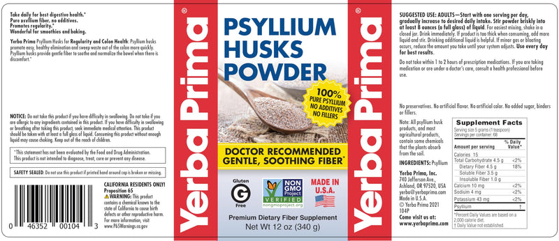 [Australia] - Yerba Prima Psyllium Husks Powder 12 oz - Natural Fiber Supplement - Colon Cleanser - Gut Health - Vegan, Non-GMO, Gluten-Free (New Label - Packaging May Vary) Unflavored 12 Ounce (Pack of 1) 