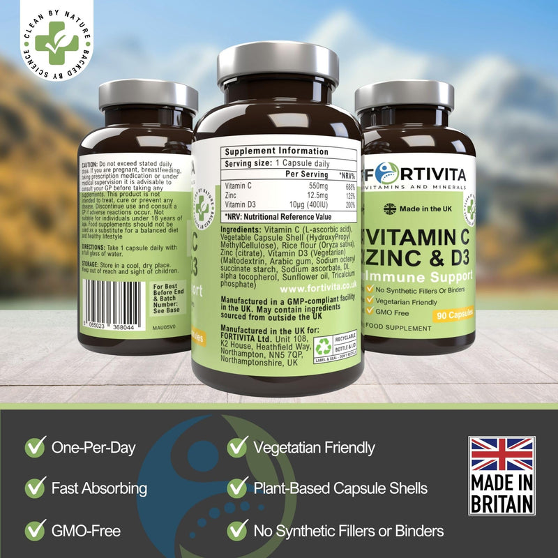Vitamin C 550 mg, Zinc & Vitamin D3 400 IU – Immune Support Supplement – High Strength Antioxidant Formula – 90 Vegetarian Capsules – Made in the UK – GMO Free, No Synthetic Fillers