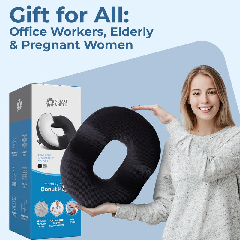 [Australia] - 5 STARS UNITED Donut Pillow Hemorrhoid Tailbone Cushion – Large Cushion for Pain Relief – Coccyx, Prostate, Sciatica, Pelvic Floor, Pressure Sores, Pregnancy, Postpartum Recovery, Black 