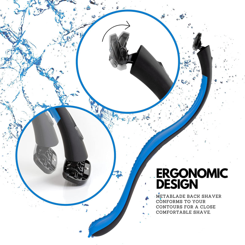 Metablade Back Shaver for Men - Long Handle Back Hair and Body Shavers - Replaceable Ultra Wide Blades, DIY Shave Wet or Dry 3 Piece Set