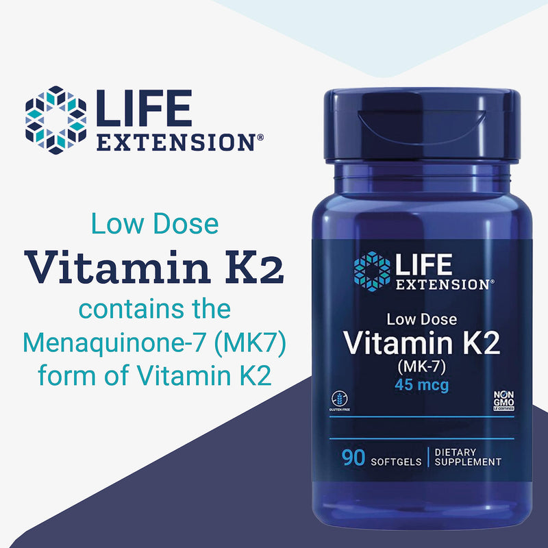 Life Extension, Low Dose Vitamin K2, with Trans-MK-7, 45mcg, 90 Soft Capsules, Lab Tested, Gluten Free, SOYA Free, Non-GMO