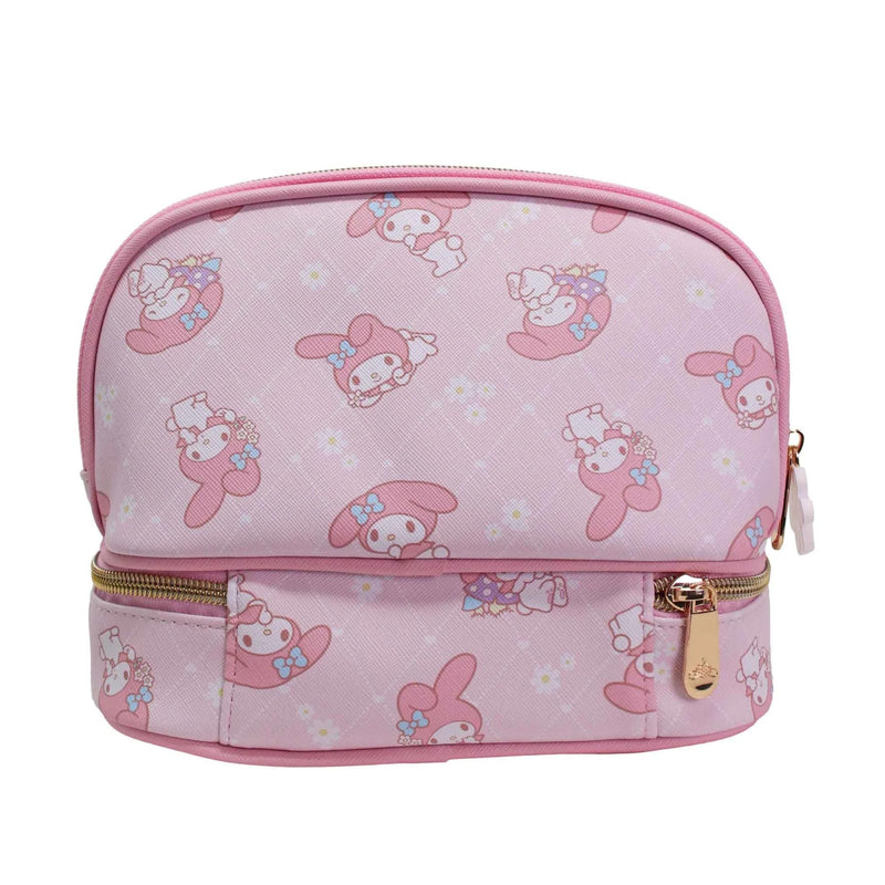 Impressions Vanity My Melody Double Layer Makeup Bag with Top and Bottom Zippered Compartments, My Melody Print Artwork Makeup Organizer with Faux Saffiano Leather, Inner Slip Pocket and Gold Hardware