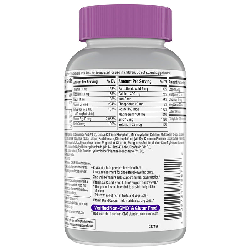 Centrum Silver Women's Multivitamin for Women 50 and Over, 200 Tablets | Contains Vitamin D3, B Vitamins, Calcium, and Antioxidants, Non-GMO Ingredients, Supports Memory and Cognition, GLP-1 Support