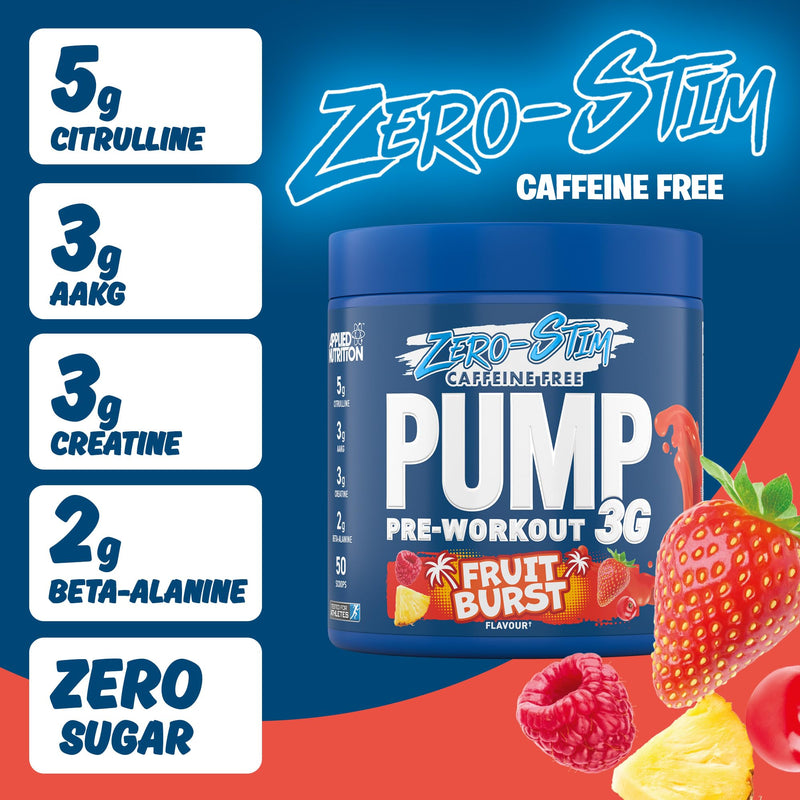 Applied Nutrition Pump Zero Pre Workout - Zero Stim, Caffeine Free, Energy & Performance (375g - 25 Servings) (Fruit Burst) Zero Stimulant - Fruit Burst