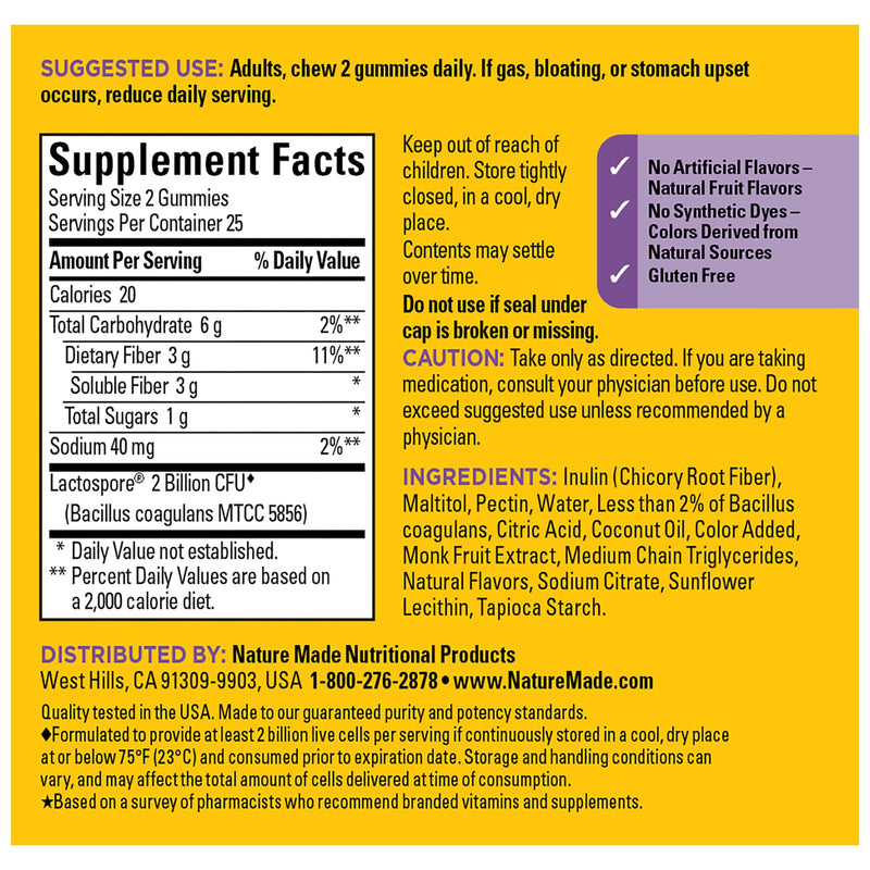 Nature Made Probiotic + Prebiotic Fiber Gummies for Daily Gut Health,Fiber Supplement with Probiotics for Digestive Health Support,50 Gummies,25 Day Supply,(Pack of 2) 50 Count (Pack of 2)