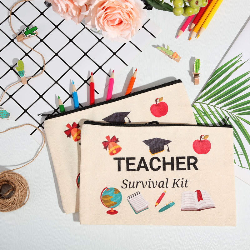 Frienda 10 Pcs Teacher Cosmetic Bags Canvas Zipper,7.87 x 5.71 Inches | Teacher Appreciation Makeup Pouches, Pencil Case for School Supplies, Travel Toiletry Organizer with Survival Kit Design 7.87 x 5.71 Inches (Pack of 2)