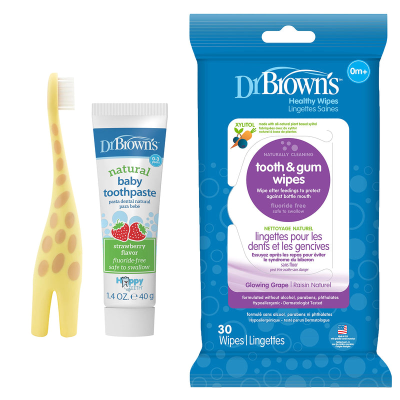 Dr. Brown's Infant-to-Toddler Toothbrush, Giraffe, Fluoride-Free Baby Toothpaste, and Tooth and Gum Wipes Giraffe + Toothpaste + Wipes