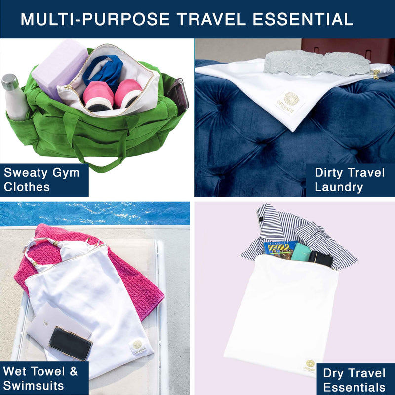 Antimicrobial Wet Swimsuit Bag Waterproof Odor & Mildew Control | White & gold, 2-layer, stain-resistant, inhibits odor-causing bacteria, machine wash, for swim, gym, spa & travel laundry