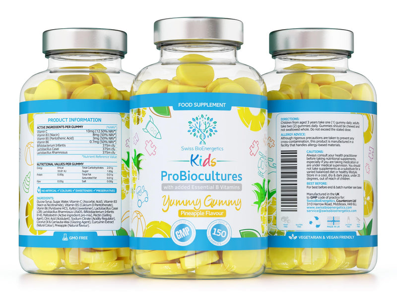 Kids Probiotics/ProBiocultures Gummies - 150 Children's probiotics Multi-Strain Gummies - Natural Pineapple Flavour – with Added B & C Vitamins for Immune Support - 5 Month Supply – UK Made 150 Gummies