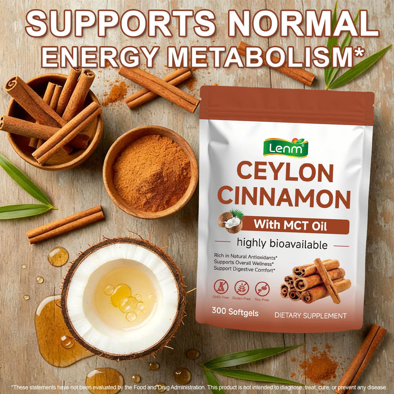 Ceylon Cinnamon SoftGels with MCT Oil, 600mg Cinnamomum Verum Extract for Metabolism Support & Digestive Comfort,Gentle Daily Wellness Support – Non-GMO & Gluten Free - 300 Vegan