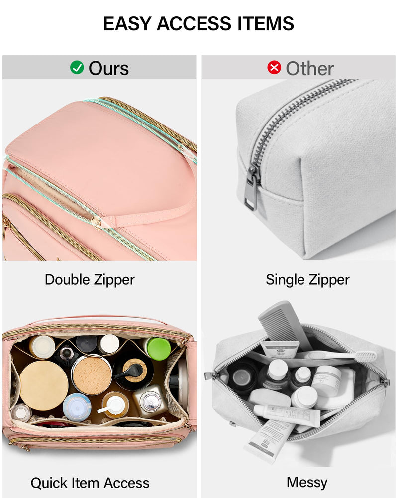 Hanke Travel Toiletry Bag, Lightweight Wide-open Makeup Bag, Dual-Layer Travel Bag for Toiletries Water-Resistant Cosmetic Bags Large Toiletry Bags for Women & Men, Travel Essentials, Pink
