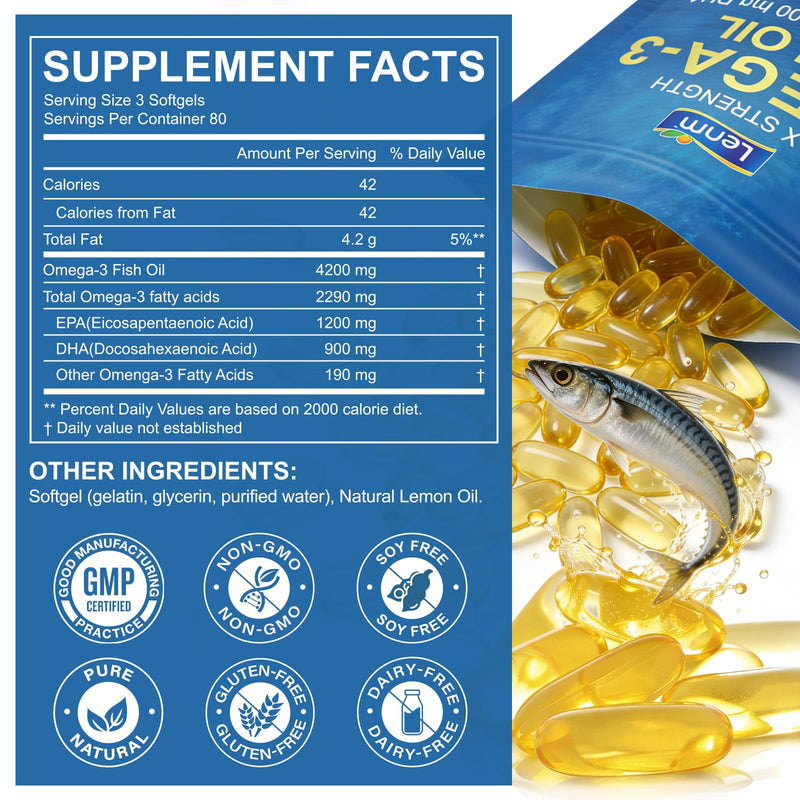 Omega 3 Fish Oil Capsules 4200mg High Strength, 1200mg EPA & 900mg DHA, Burpless Lemon Softgels, Omega 3 Supplement for Adults, Norwegian Fish Oil, Non GMO, 240 Capsules