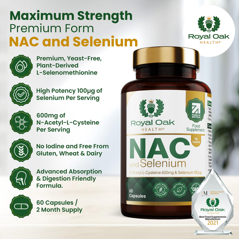 NAC 600mg + Selenium 200µg | N-Acetyl L-Cysteine with L-Selenomethionine | High Strength Premium Form | Iodine Free | 60 Capsules | Vegan | UK Made NAC with Selenium
