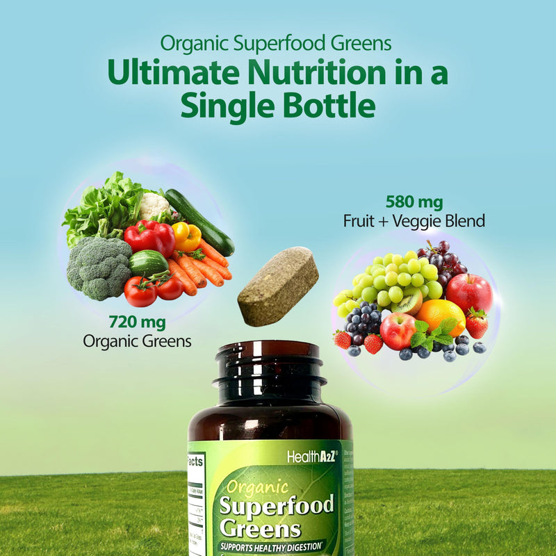 [Australia] - HealthA2Z¬Æ Organic Superfood Greens | 60 Tablets | Greens Blend 720mg | Fruits & Veggies Blend 580mg | Alfalfa, Broccoli, Spinach, Spirulina, Apple, Beet Root, Strawberry & Much More! 