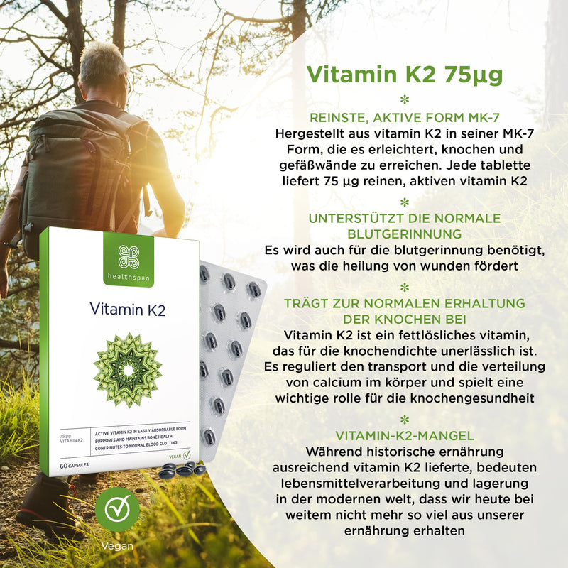 [Australia] - Healthspan Vitamin K2 75 µg | Bone and blood health | Purest and most active form | Vegan | 60 capsules 