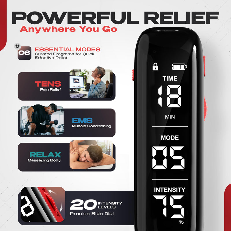 NEOCARBON TENS Unit Muscle Stimulator Slim for Pain Relief, Red | Versatile & Drug-Free Pain Relief, Ultra-Slim & Lightweight, All-in-One Pulse Massager & Muscle Stimulator Kit