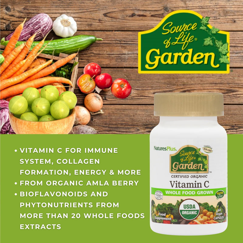 NaturesPlus Source of Life Garden Organic Vitamin C - Gentle Vitamin C from Amla Fruit with Bioflavonoids - Collagen, Beauty, Immune Support - Vegan, Gluten Free - 60 Capsules