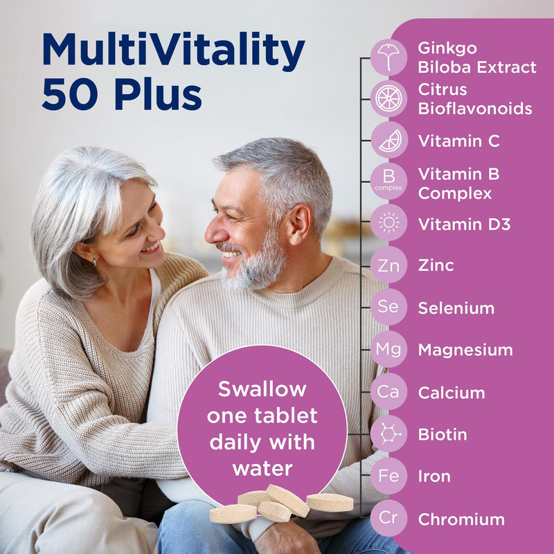 Healthspan Multivitamin 50 Plus | Advance Multivitamin for over-50's | Immune Health Support | 13 Vitamins & 12 Minerals | Ginkgo Biloba & Citrus Bioflavonoids | Vegetarian (90 Tablets) 90 count (Pack of 1)