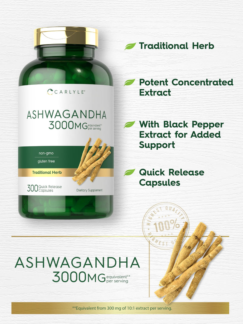 [Australia] - Carlyle Ashwagandha Supplement for Women and Men | 3000mg | 300 Capsules | Herb Root Extract with Black Pepper | Non-GMO and Gluten Free 300 Count (Pack of 1) 