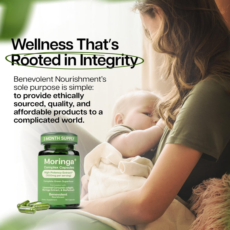 Benevolent Moringa Capsules with Liposomal Curcumin & BioPerine® – 180 Caps | High-Potency Moringa Supplement for Antioxidant Support, Immune Resilience, Breastfeeding Support & Nutrient Absorption 180 Count (Pack of 1)