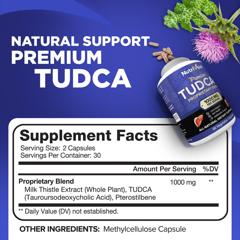 [Australia] - Nutrivein TUDCA+ Liver Support Supplement 1000mg - Liver Detox and Cleanse for Liver Health - 30 Day Supply (60 Capsules, Two Daily) 