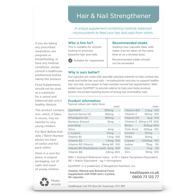 Healthspan Hair & Nail Strengthener (45 Days Supply) | Promote Glossy, Shiny Hair and Strong & Healthy Looking Nails | 18 Balanced Micronutrients | with OptiMSM & Vitamin B-Complex | Vegetarian