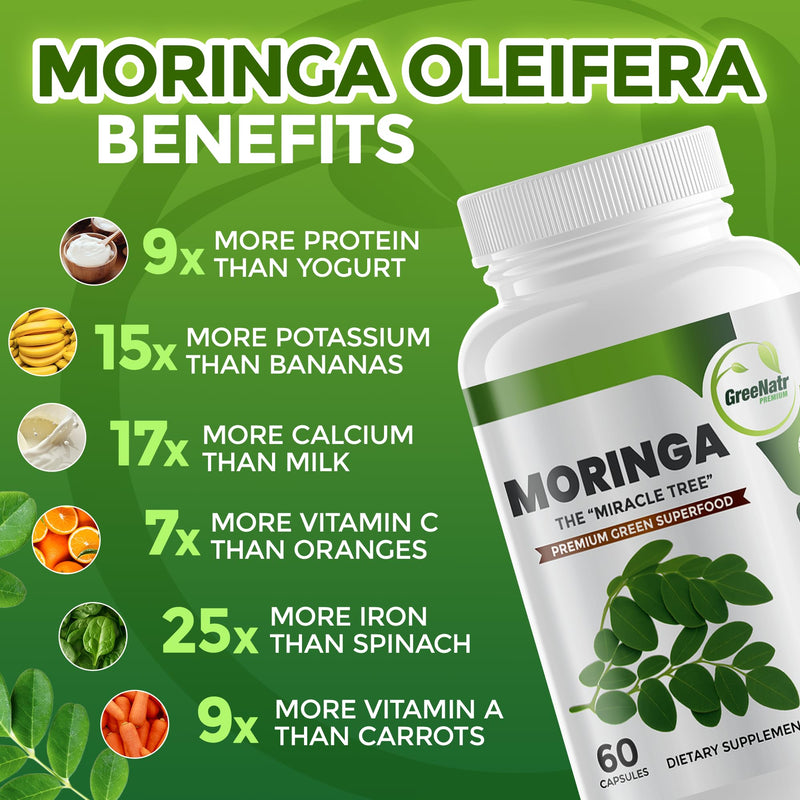 Pure Moringa Oleifera Green Superfood Capsules with Vitamin C, Omega 3 & Amino Acids - Boosts Energy, Mood, Memory, Immune Support - Made from Organic Moringa, Non-GMO - 60 Capsules (1 Bottle) | Boosts Energy, Mood, Memory, Immune Support - Made from O...