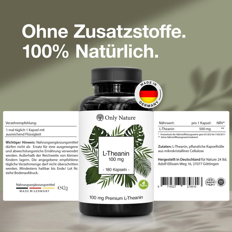 [Australia] - L Theanine 100 mg - 180 capsules - High dosage - produced in Germany & laboratory tested - Natural & Vegan - L-Theanine 