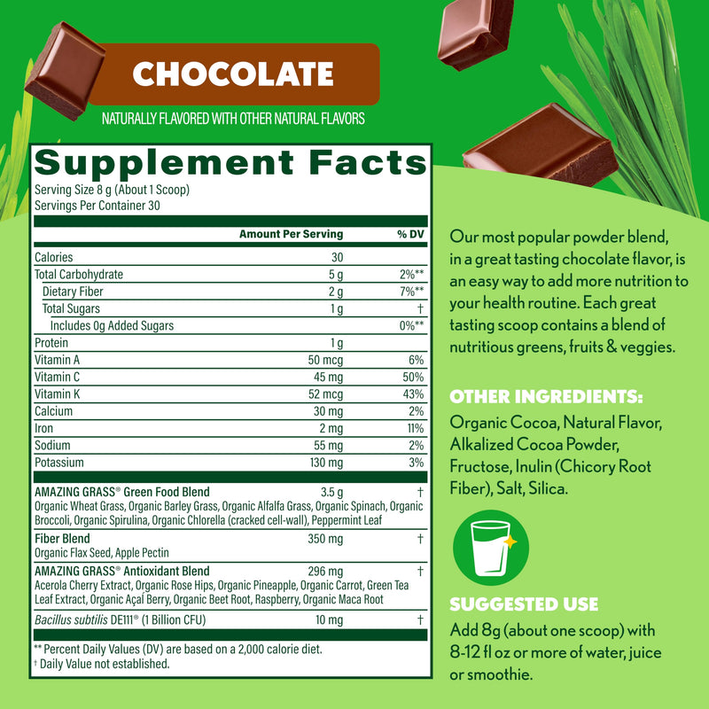 Amazing Grass Super Greens Powder Chocolate, 30 Servings, 8.5 oz | Organic Greens Superfood Powder with Spirulina, Beet Root, Probiotics & Digestive Enzymes to Support Digestion 8.5 Ounce (Pack of 1)