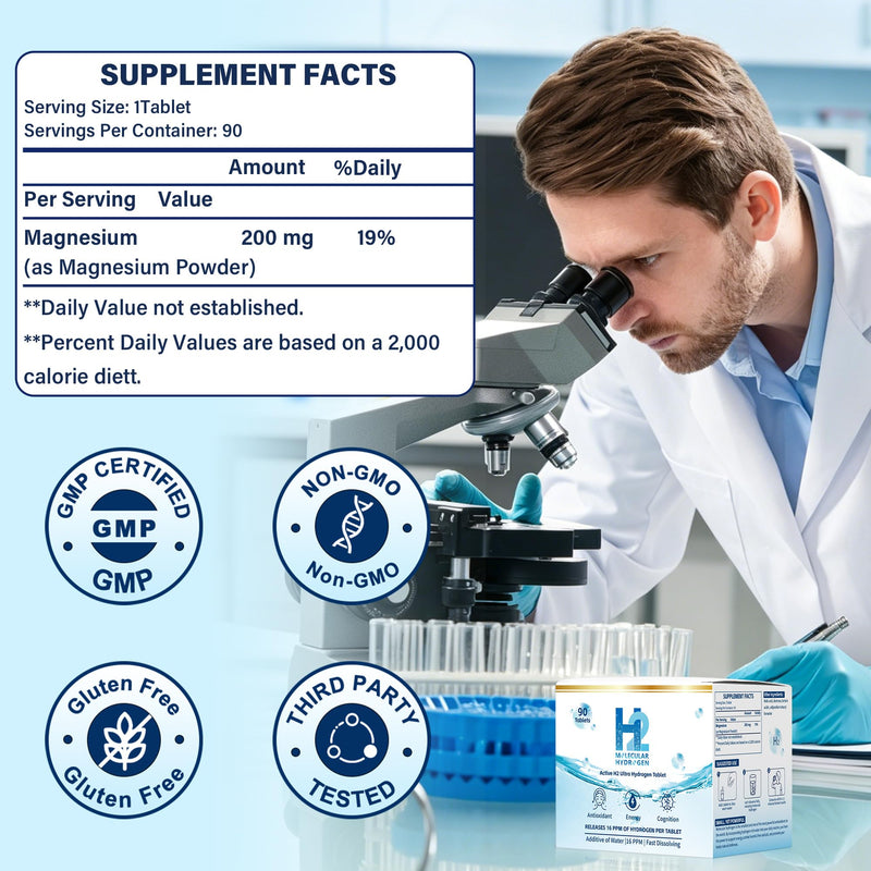 90 Count H2 Molecular Hydrogen Water Effervescent Tablets - 100mg Magnesium per Tablet,Raspberry Flavor Promotes Hydration, Optimal Energy