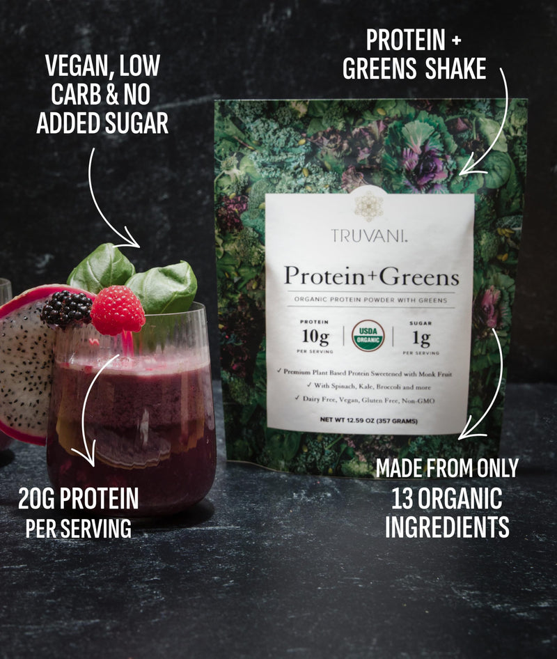 [Australia] - Truvani Protein + Greens Supplement | Spinach, Kale & Broccoli | 10g Organic Plant Based Protein | 20 Servings | USDA Organic | Gluten & Dairy Free | Vegan | No Added Sugar 