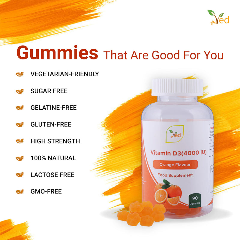 Vitamin D3 Gummies Adult 4000IU, Without Sugar Coated, 3 Months Supply, Natural Orange Flavour, 90 Chewable Gummies - Vegetarian Friendly,High Strength Vitamin D3 Supplement, GMO & Gluten Free