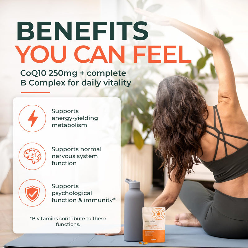 CoQ10 250mg + B Complex - Q10 Coenzyme Ubiquinol with All 9 B Vitamins - High Strength Energy & Heart Support - Evidence-Based Formula for Cellular Health & Vitality, 60 Capsules