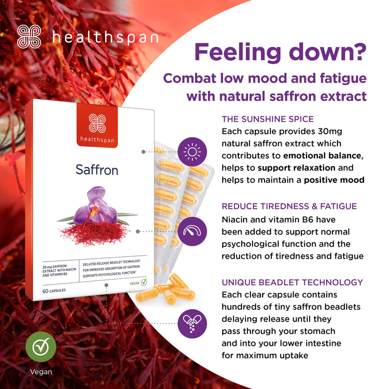 Healthspan 30mg Saffron Mood Support (60 Capsules) | Positive Mood & Emotional Balance | Supports Relaxation | Niacin & Vitamin B6 to Reduce Tiredness & Support Normal Psychological Function | Vegan