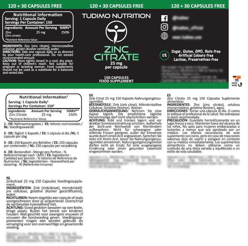Zinc Citrate 25mg Capsules - 150 pcs (5 Month Supply) of Rapidly Disintegrating Capsules, Each with 25 mg of Premium Quality Zinc Powder