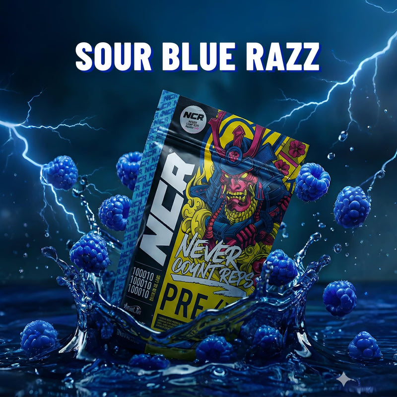 Never Count REPS Sour Blue Razz Pre Workout - 130g Pouch (10 Servings) - Energy Drink Powder with Caffeine, Citrulline, Beta Alanine & More - Controlled Stim Energy - Performance Supplement Sour Blue Raspberry 10 Servings
