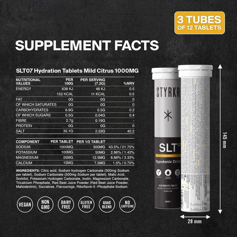 Electrolytes Tablets by Styrkr - Citrus - 3X Pack of 12 Hydration Tablets - 1000mg per Serving - 2X Higher Salts - Used by Endurance Athletes - Advanced Quad-Blend Formulation - SLT07 12x per Tube 1000MG Mild Citrus 12 count (Pack of 3)