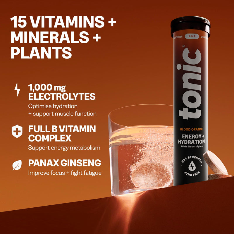 Tonic Health Energy and Hydration Tablets - 15 Vitamins, Minerals, Plants with Panax Ginseng, No Sugar Effervescent Multivitamins - Rehydration Electrolytes Tablets, Blood Orange 60 Count 60 count (Pack of 1)