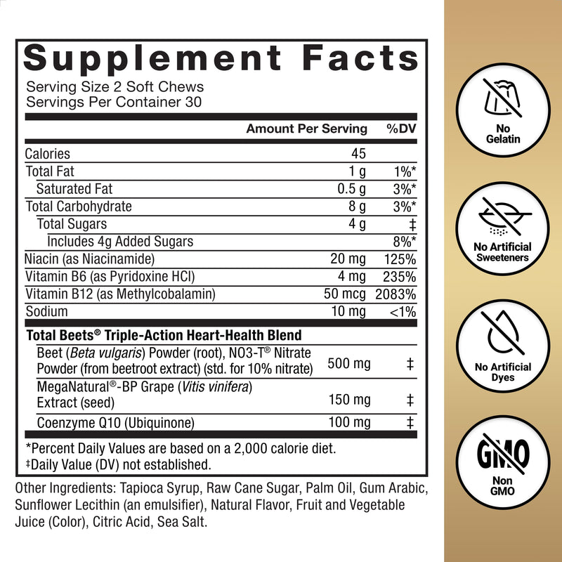[Australia] - FORCE FACTOR Total Beets Ultimate Heart Health Blood Pressure Support Chews with CoQ10, Beet Root Powder, Grape Seed Extract, Blood Pressure Supplement for Circulation & Blood Flow, 60 Soft Chews 1 Pack 