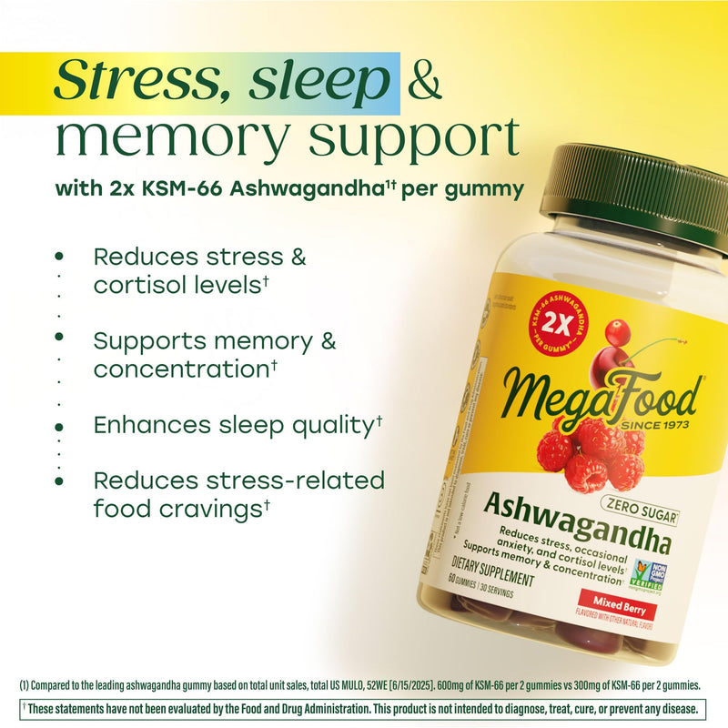 MegaFood Zero Sugar Ashwagandha Gummies, KSM 66, Mixed Berry, 60 Gummies | With Clinically Studied Ashwagandha KSM 66, Cortisol Reducer, Sleep & Stress Support, No Gelatin, Non-GMO, Vegan, 30 Servings