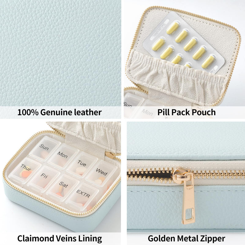 Genuine Leather Travel Pill Organizer Box Case 1 Times a Day for Purse for Women, Cute Medicine Pill Holder Containers for Vitamin Small Weekly Daily 7 Day Am Pm Pill Organizer(Beige) Nappa Leather Beige