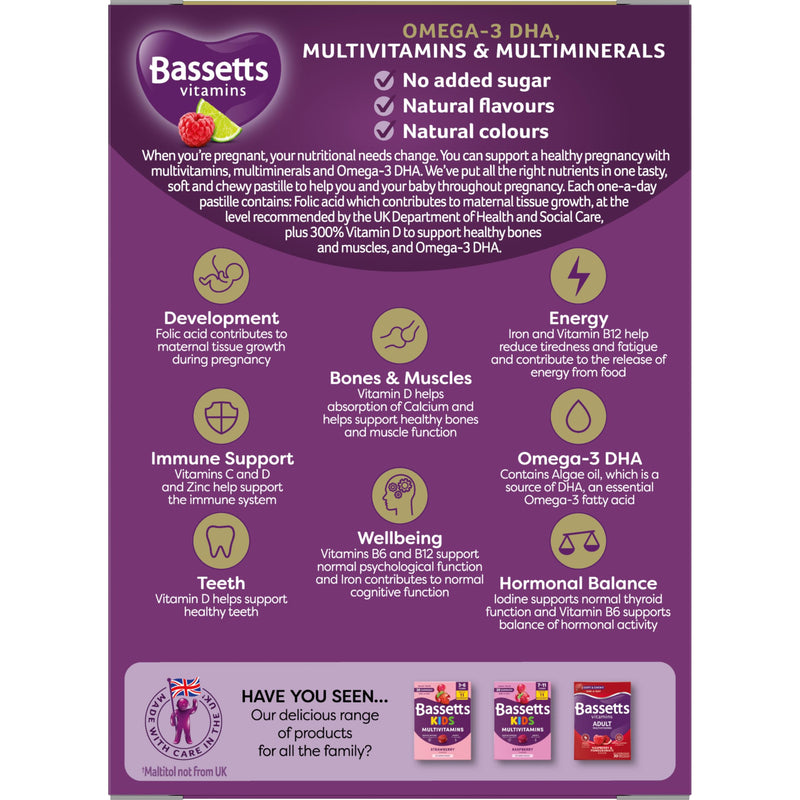 Bassetts Pregnancy+ Omega-3 DHA Multivitamins & Multiminerals Raspberry & Lime Flavour 30 Gummies 30 count (Pack of 1)